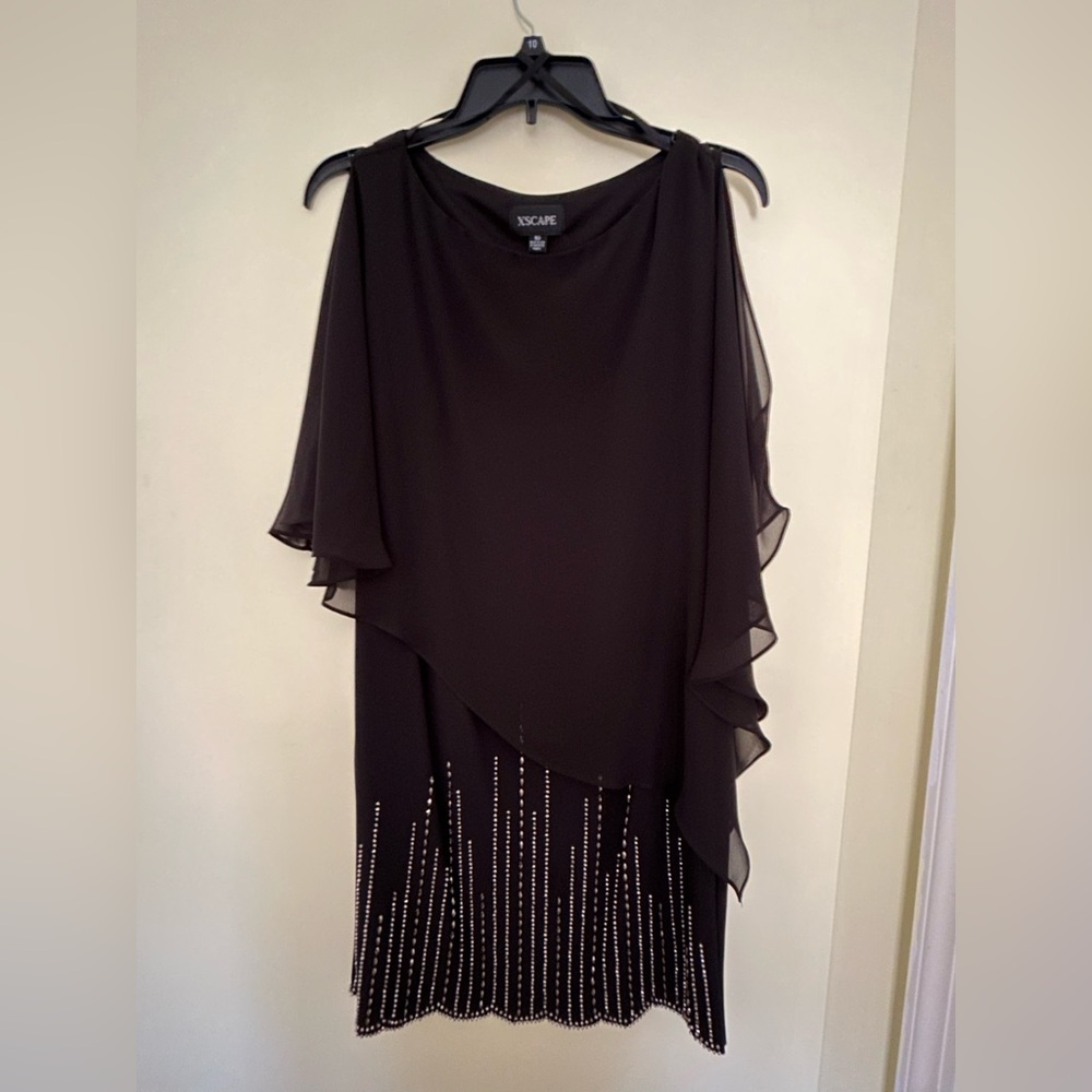 Xscape Black Dress with Silver Detailing and Asymmetrical sheer overlay